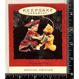1994 HALLMARK KEEPSAKE ORNAMENT QX481-3 LUCINDA AND TEDDY BEAR GIFT GIRL